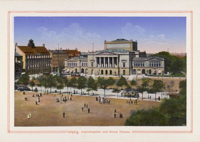 Lipsko, Augustusplatz a Neues Theater (barevná litografie) od German School