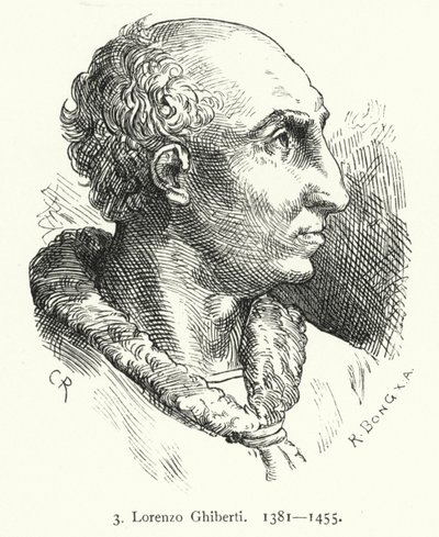 Lorenzo Ghiberti, florentský raně renesanční umělec, který navrhl bronzové dveře florentského baptisteria (rytina) od German School