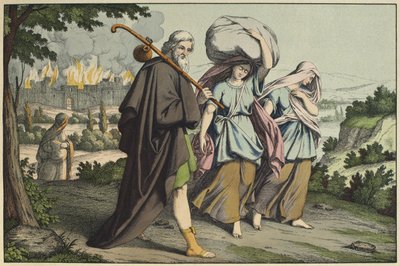 Lot a jeho dcery na útěku, ilustrace ze Starého zákona, vydal Jakob Ferdinand Schreiber, Esslingen (barevná rytina) od German School