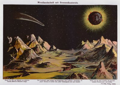 Měsíční krajina, zatmění Slunce a kometa z roku 1911 (barevná litografie) od German School