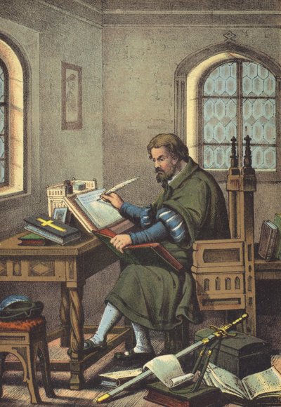 Luther převlečený za Junkera Jorga ve Wartburgském překladu Nového zákona (chromolitho) od German School