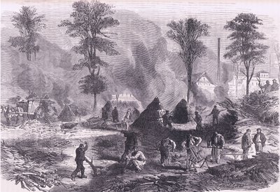 Výroba dřevěného uhlí pro střelný prach, Cassells History of the War between France and Germany vydané společností Cassell and Company Limited, kolem roku 1890 (litho) od German School