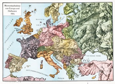Mapa Evropy v roce 1914, vyd. 1915 (barevná litografie) od German School