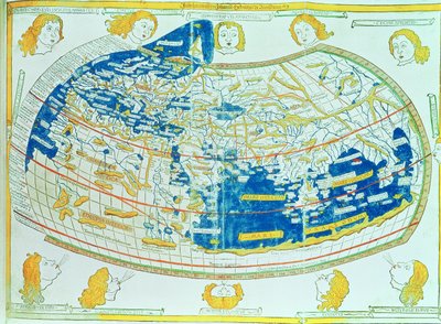 Mapa světa, založená na popisech a souřadnicích uvedených v „Geographia“, od Ptolemaia (Claudius Ptolemaeus z Alexandrie) (asi 90-168 n. l.), vydaná v Ulmu, Německo od German School