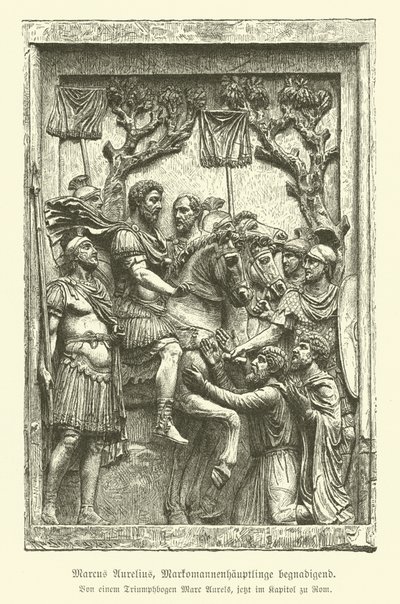 Marcus Aurelius omilostňující markomanské náčelníky (rytina) od German School