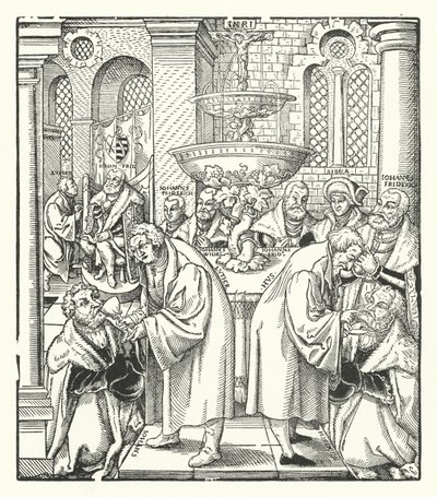 Martin Luther a Jan Hus podávající svaté přijímání saské královské rodině (rytina) od German School