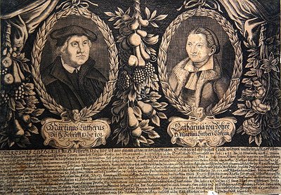 Martin Luther a jeho manželka Katharina von Bora (rytina) od German School