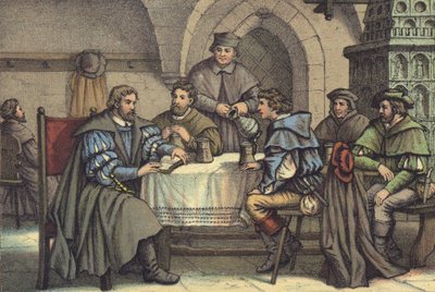 Martin Luther v rozhovoru se studenty v Gasthof der Baren, Jena (chromolitho) od German School