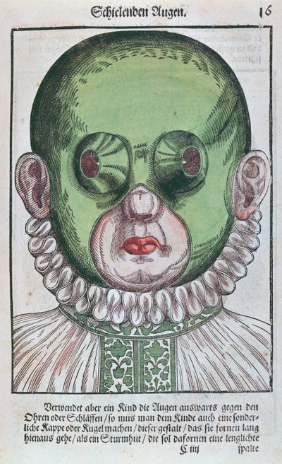 Maska na léčbu šilhání, z Ophthalmodouleia od Georga Bartische (1535-1636), vydaná v Drážďanech v roce 1583 (barevný dřevořez) od German School