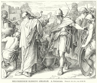 Melchisedech Blessing Abraham, Genesis, ch xiv, ver 18 a 19 (rytina) od German School