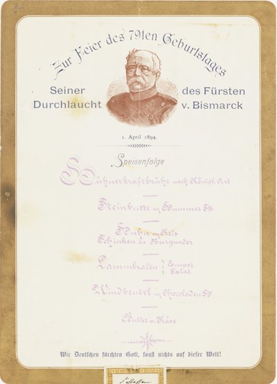 Menu na oslavě 79. narozenin knížete von Bismarcka 1. dubna 1894 od German School