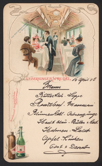 Jídelní lístek reklama perlivá minerální voda Ueberkinger (barva lito) od German School