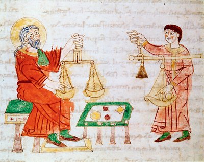 Obchodníci používající váhy k vážení a vyjednávání. Miniatura převzatá z rukopisu „“ De Universo“ nebo „“ De rerum naturis““ (Z podstaty věcí) od Rabana Maura Magnentia (neboli Raban Maur nebo Rabano Mauro, cca 780-856). 9. století. Archiv Monte C od German School