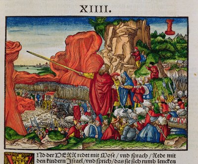 Mojžíš překračující Rudé moře, z Lutherovy bible, kolem roku 1530 (barevný dřevoryt) od German School