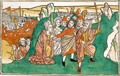 Mojžíš v Rudém moři, scéna z Norimberské bible, napsaná v němčině od German School