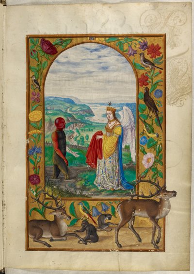 Paní Harley 3469, f.18 Queen nabízí roucho muži v bazénu, čtvrté podobenství, z filmu „Splendor Solis“ od Salomona Trismosina od German School