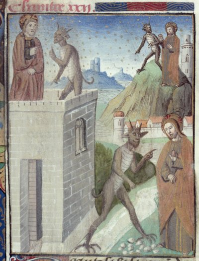 Ms Hunter 36 f.110r Tři scény pokušení, z Vita Christi, Ludolf Saský, asi 1300-7778 od German School