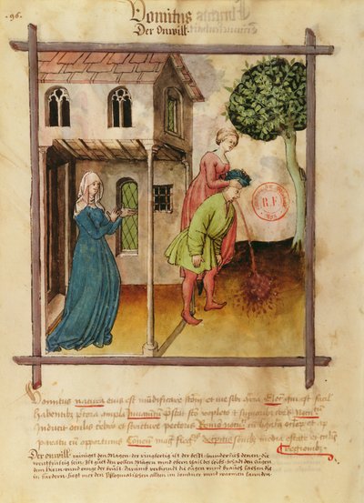 Paní Lat 9333 fol.96v Muž Vomiting, z Tacuinum Sanitatis od German School