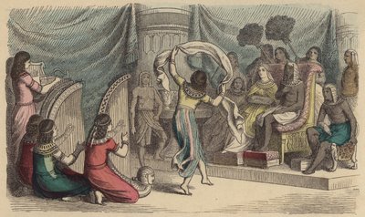Hudebníci a tanečníci vystupující před faraónem ve starověkém Egyptě (barevná rytina) od German School