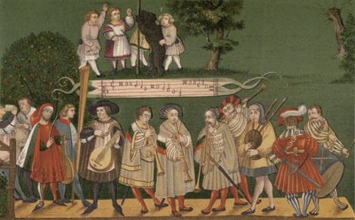 Hudebníci z Augsburgu, Německo, hrající pro tanečníky Geschlechtertanz, 1520 od German School