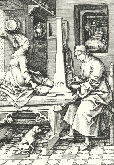 Hudebníci hrající na varhany ve venkovském domě v 15. století (rytina) od German School