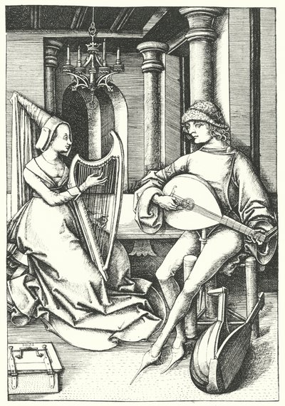 Hudebníci hrající na loutnu a harfu ve venkovském domě v 15. století (rytina) od German School
