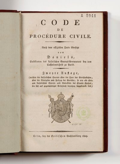 Napoleonský občanský soudní řád pro francouzské departementy na levém břehu Rýna, otevřený na titulní straně, Kolín, 1809 (tištěný papír) od German School