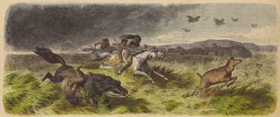 Domorodí Američané a zvířata prchající před prérijním ohněm (barevná rytina) od German School