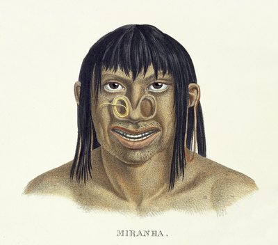 Domorodý muž z kmene Miranha, s ozdobou nosu, z Atlasu cesty v Brazílii od Johanna Baptista von Spix (1781-1826) a Karla Friedricha Philippa Martia (1794-1868), vydáno kolem 1835-50 (kol. od German School