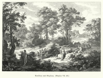 Nausicaa a Odysseus, scéna z Homérovy Odyssey (rytina) od German School