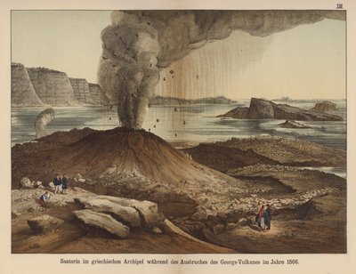 Nea Kameni, sopečný ostrov v kaldeře řeckého ostrova Santorini po eupci v roce 1866 (barva litho) od German School