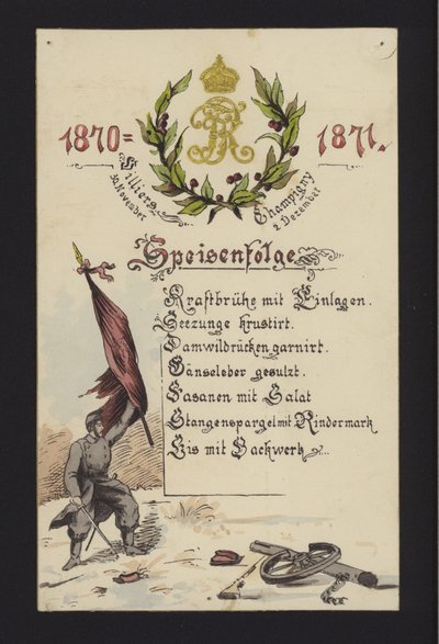 Novoroční bankety pořádané okupačními Němci ve Villiers a Champigny, Paříž, 30. prosince 1870 a 2. ledna 1871 (barevné lito) od German School