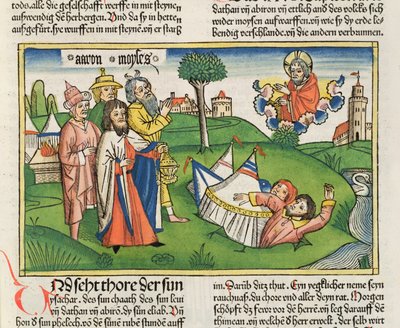 Numeri 16 32 Země pohlcuje vzbouřence Dátana a Abirama, z Norimberské bible (Biblia Sacra Germanaica) (kolorovaný dřevoryt) od German School