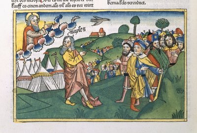 Čísla 1 1-20 Příprava na cestu z hory Sinaj, z norimberské bible (Biblia Sacra Germanaica) (barevný dřevoryt) od German School