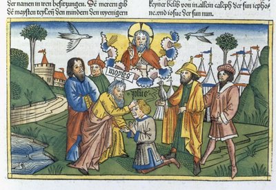 Numeri 27 18-23 Mojžíš pokládá ruku na Jozuu, z norimberské bible (Biblia Sacra Germanaica) (barevný dřevoryt) od German School