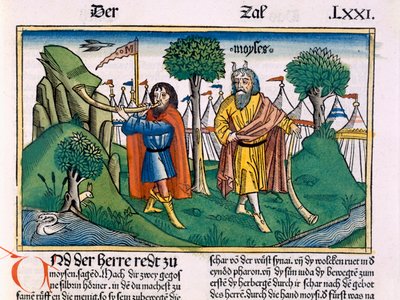 Čísla 2 Táborové úkoly Izraelitů z norimberské bible (Biblia Sacra Germanaica) (barevný dřevoryt) od German School