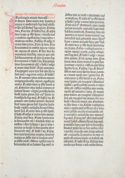 Úvodní stránka knihy Genesis z Gutenbergovy bible, kterou vytiskli Johannes Gutenberg (asi 1400-68) a Peter Schoeffer (1425-1502) v Mohuči, 1454-56 (tištěný papír) od German School