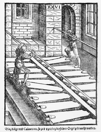 Varhanní měchy a dmychadla v katedrále v Halberstadtu, z knihy Praetorious Syntagma Musicum, vydané v roce 1619 od German School