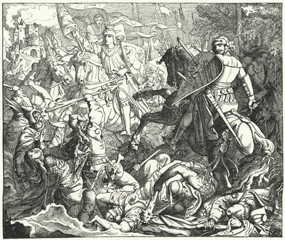 Otto I. Německá porážka Maďarů v bitvě u Lechfeldu, 955 (rytina) od German School