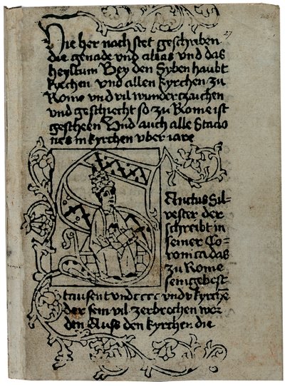 Stránka z německého výtisku „The Mirabilia of Rome“ od Pseudo-Aegidius Romanus, možná vydaného Ulrichem Hanem, Řím, kolem roku 1475 (dřevořez a pero a inkoust na pergamenu) od German School