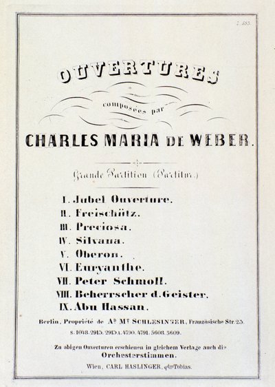Stránka s představením předeher z různých oper Carla Maria von Webera (litho) od German School