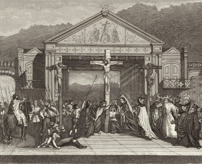 Pašijová hra v Oberammergau, Bavorsko, Německo. Ilustrace pro Bilder-Atlas (rytina) od German School