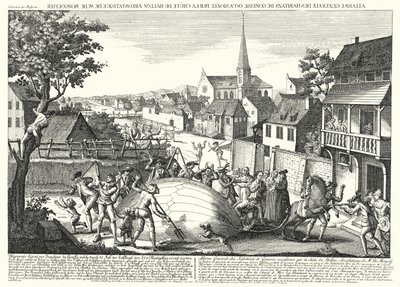 Rolníci útočící na balón Jacquese Charlese a Robert Brothers poté, co sestoupil v Gonesse, 27. srpna 1783 (rytina) od German School