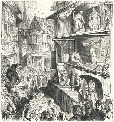 Představení pašijové hry v 16. století (rytina) od German School