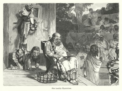Představení komedie v divadle ve starověkém Řecku (rytina) od German School