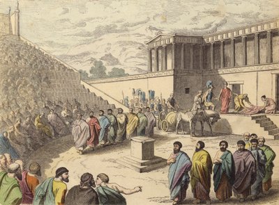 Představení hry Agamemnon v divadle ve starověkém Řecku (barevná rytina) od German School