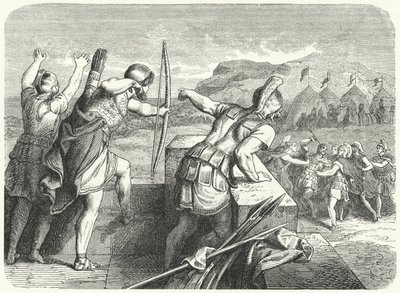 Philip II Makedonský zraněn do oka při obléhání Methone, 355 př.nl (rytina) od German School