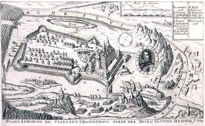 Plán žulové pevnosti u Nového Serinwaru v roce 1664, ilustrace z knihy o osmanských taženích v Evropě, vyryl Paul Furst (asi 1605-66) (rytina) od German School