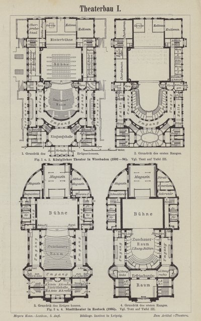 Plány Královského divadla, Wiesbaden a Městského divadla, Rostock, Německo (rytina) od German School