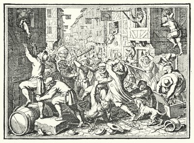 Vyplenění Judengasse, židovského ghetta ve Frankfurtu, v Fettmilch Rising, 1614 od German School